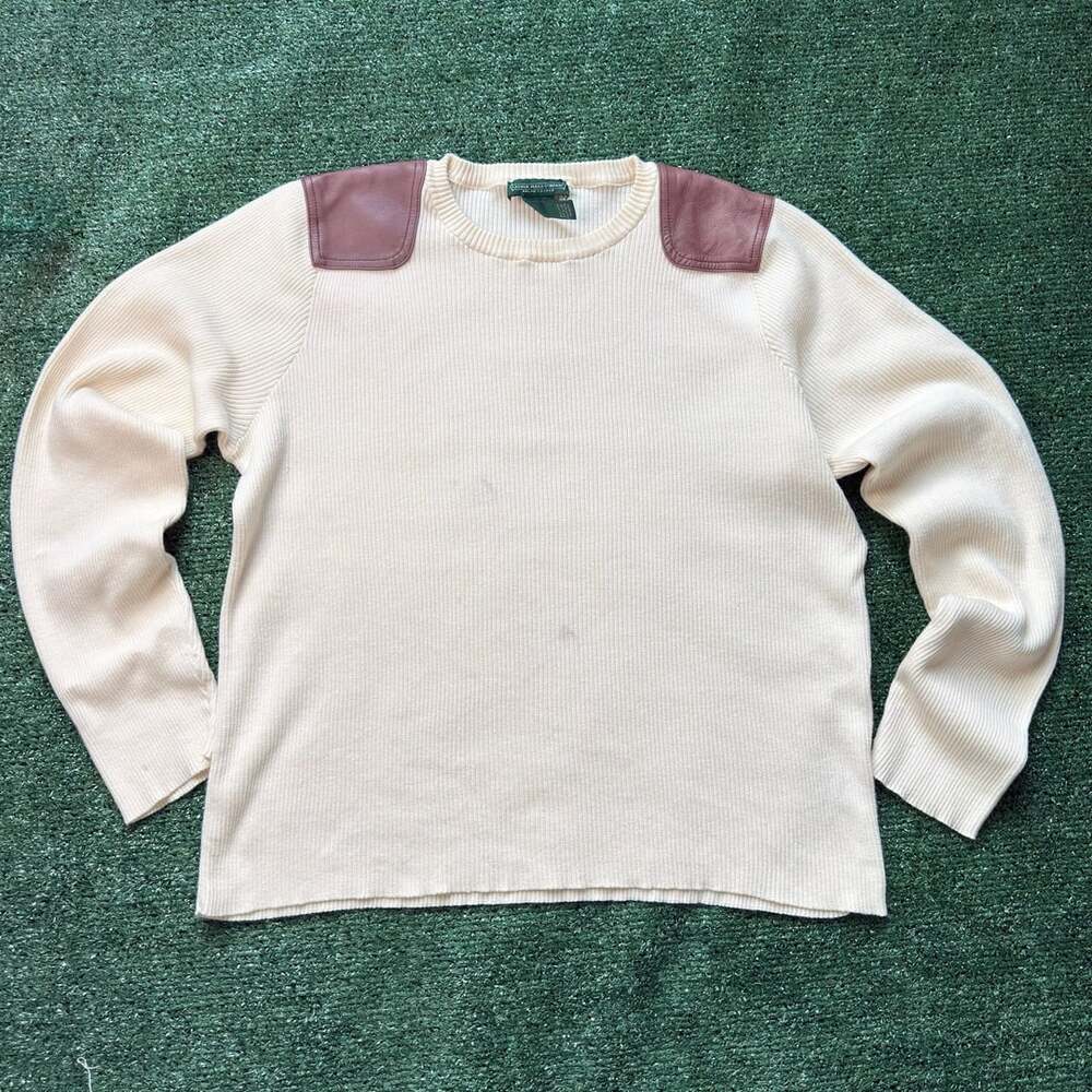 Lauren Jeans Company Ralph Lauren Ivory Ribbed Cotton Sweater with Leather Shoul